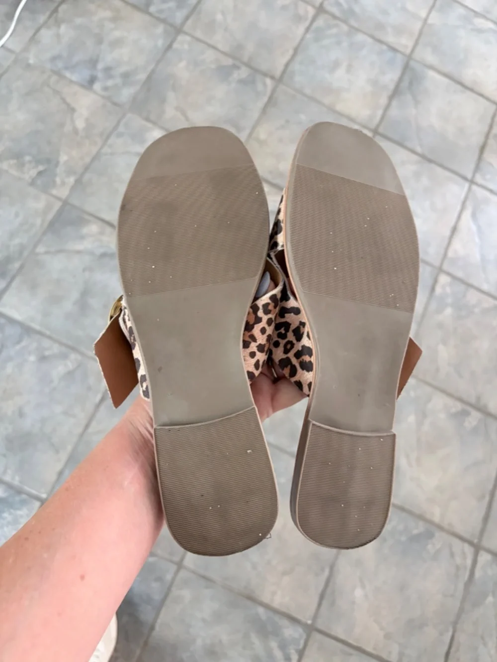 Anko leopard crisscross, slide sandals with gold buckle.